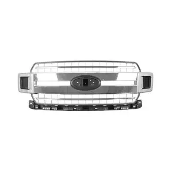 Front view of a chrome car grille with a centered Ford emblem on the bumper area.