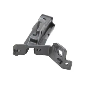 Black plastic mounting bracket with multiple holes and tab-like arms, shown at an angle.